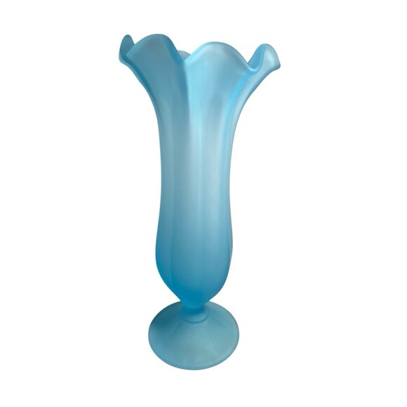 Westmoreland Colonial Glass Vase Blue Frosted Satin Ruffle Rim Round Base 12.5"T - Picture 10 of 11